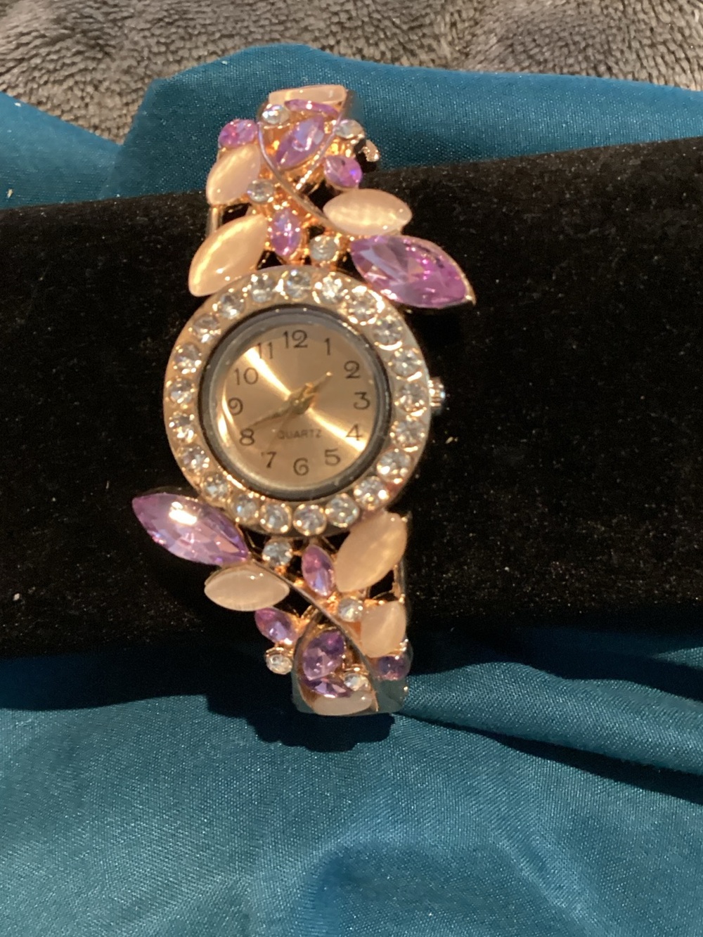 Gold-Tone Women's Bracelet Watch with Purple and Cream Stones